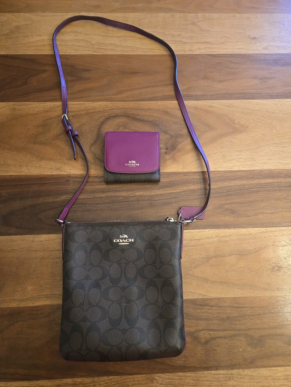 Coach Brown Signature Crossbody with Purple Trim